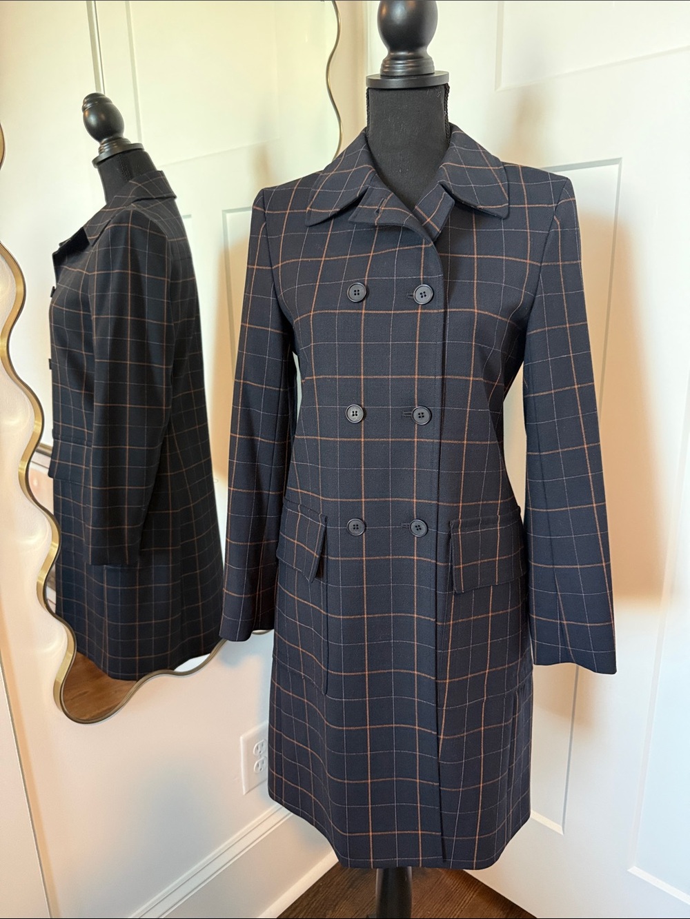 Theory Navy Plaid Double-Breasted Wool Coat with Brown Windowpane